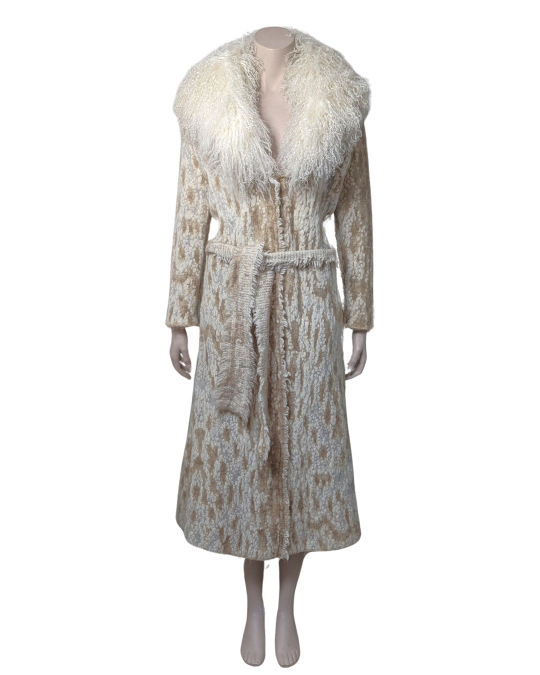 Roberto Cavalli Cream Knit Coat with Mongolian Fur Collar