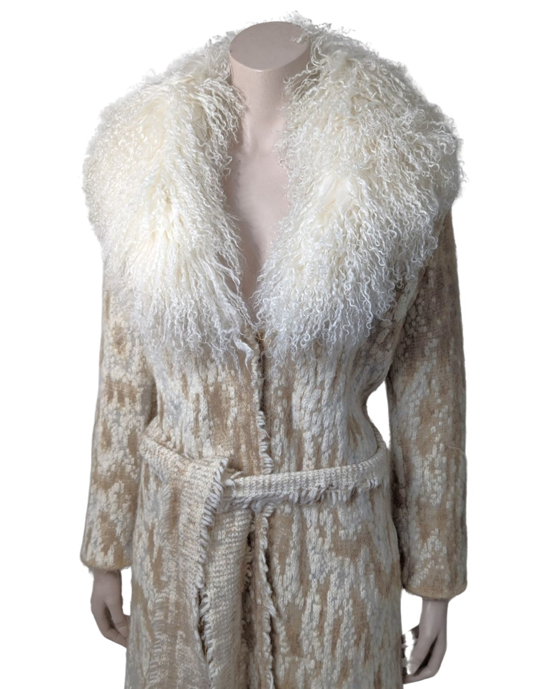 Roberto Cavalli Cream Knit Coat with Mongolian Fur Collar