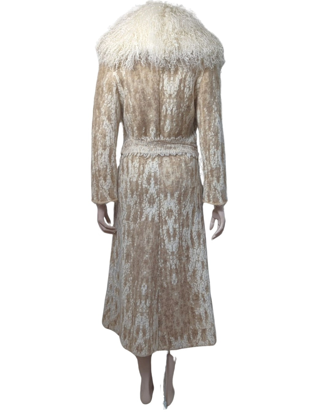 Roberto Cavalli Cream Knit Coat with Mongolian Fur Collar