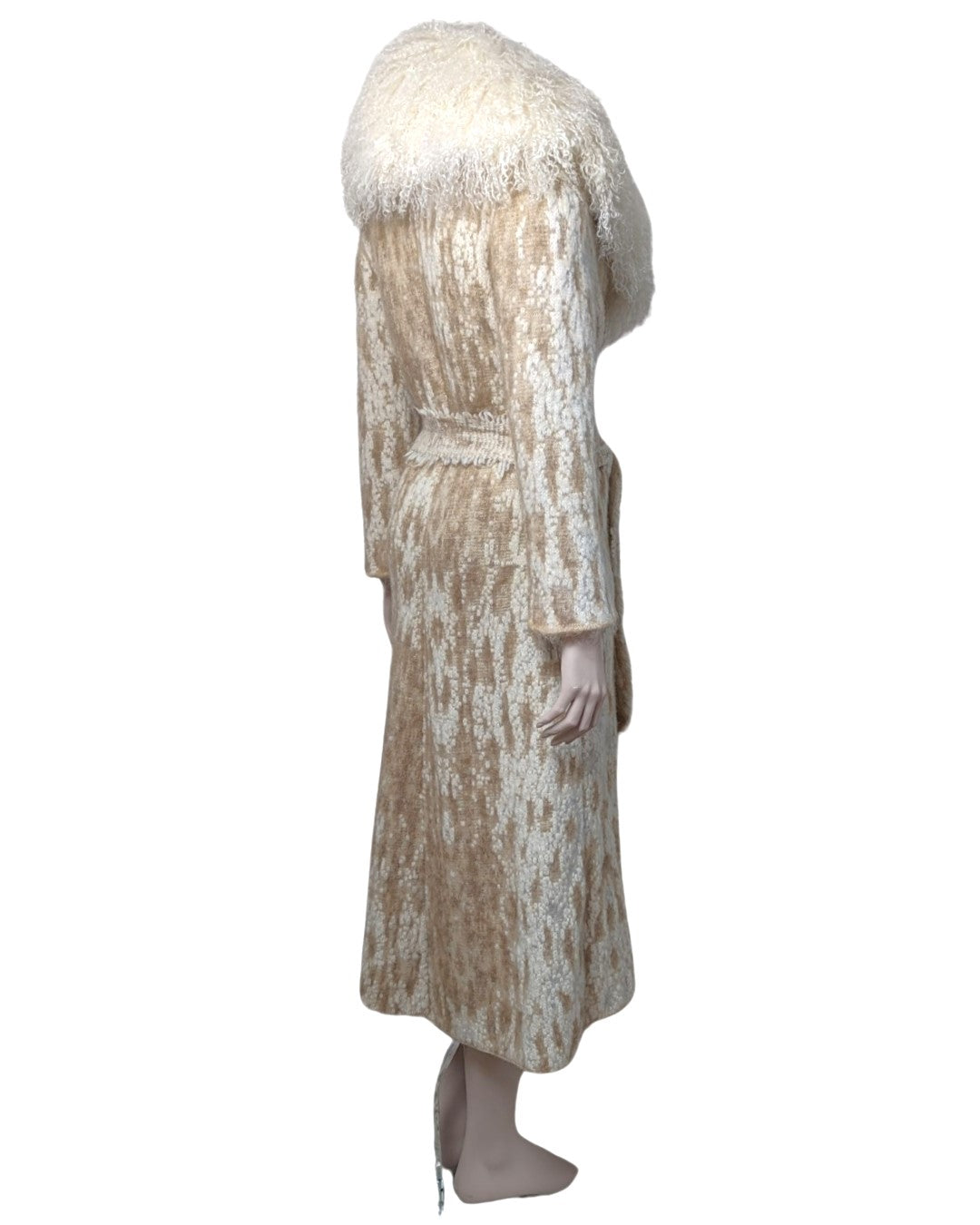 Roberto Cavalli Cream Knit Coat with Mongolian Fur Collar