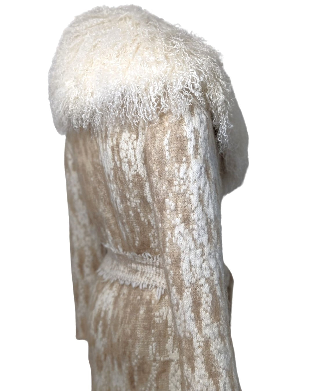 Roberto Cavalli Cream Knit Coat with Mongolian Fur Collar