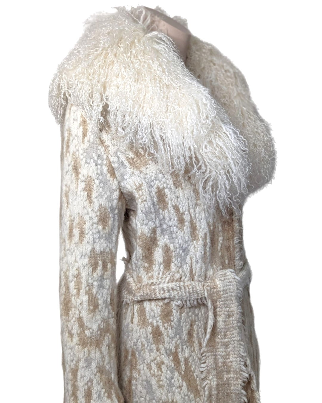 Roberto Cavalli Cream Knit Coat with Mongolian Fur Collar
