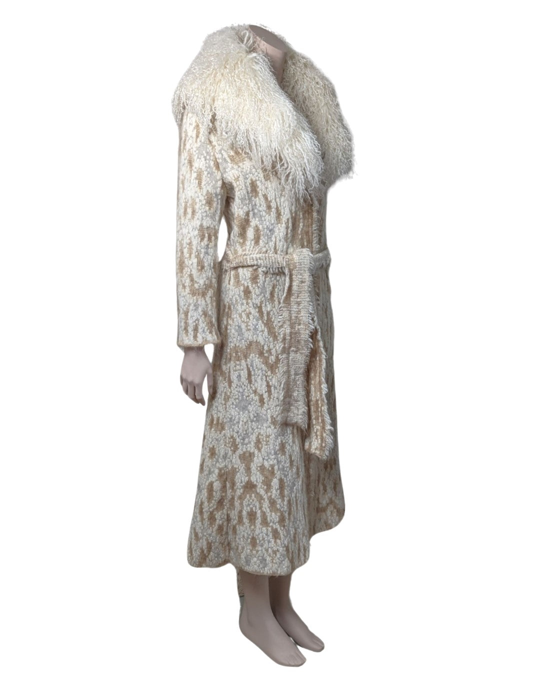 Roberto Cavalli Cream Knit Coat with Mongolian Fur Collar