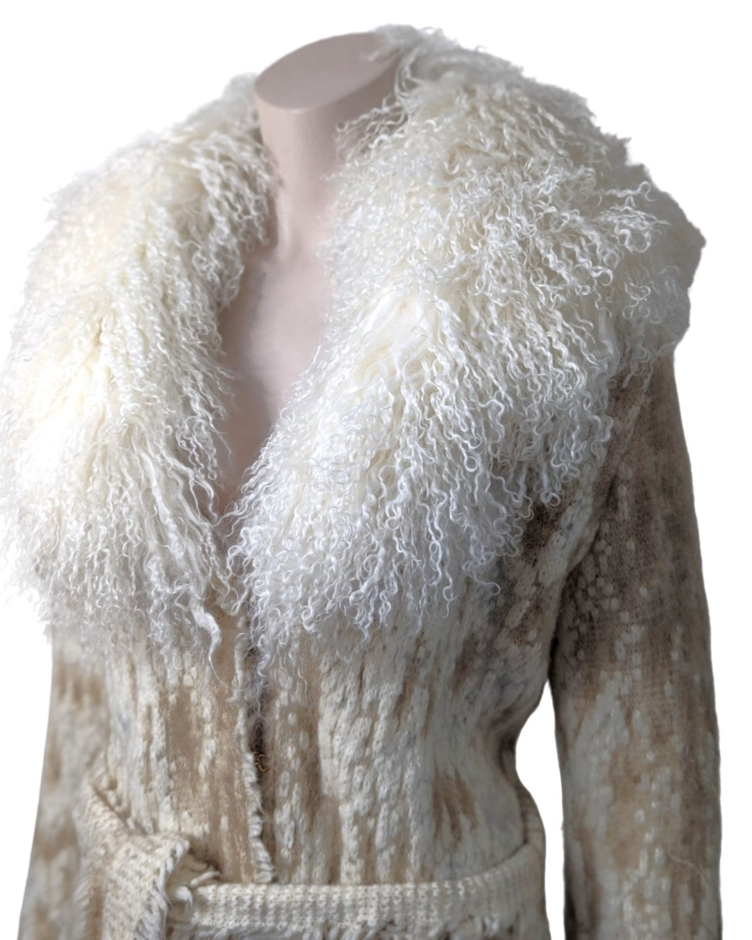 Roberto Cavalli Cream Knit Coat with Mongolian Fur Collar