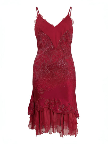 Roberto Cavalli Ruby Red Embellished Silk Slip Dress