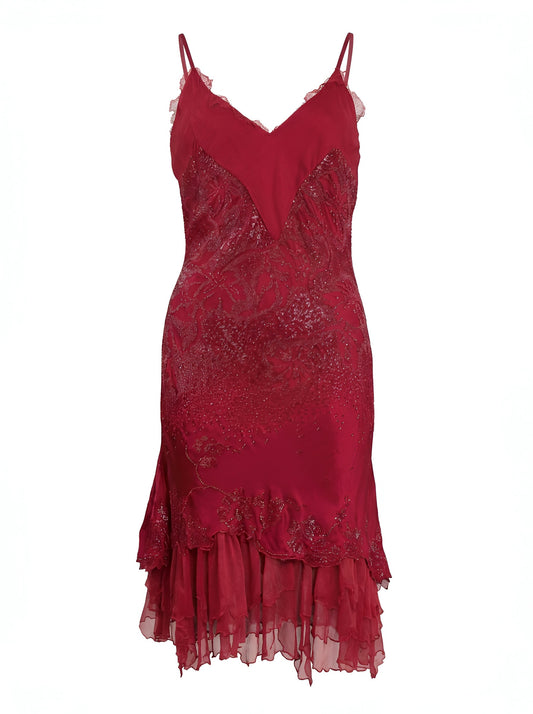 Roberto Cavalli Ruby Red Embellished Silk Slip Dress