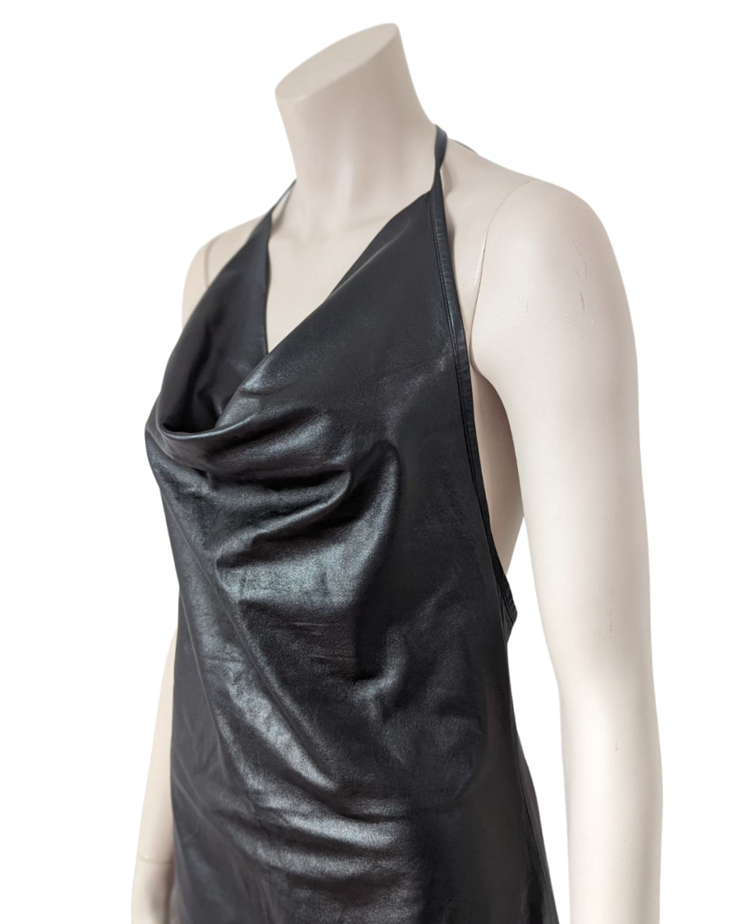 Plein Sud Black Leather Halter Midi Dress at Soirvintage SOIR Plein Sud Black Leather Halter Midi Dress at Soirvintage SOIR