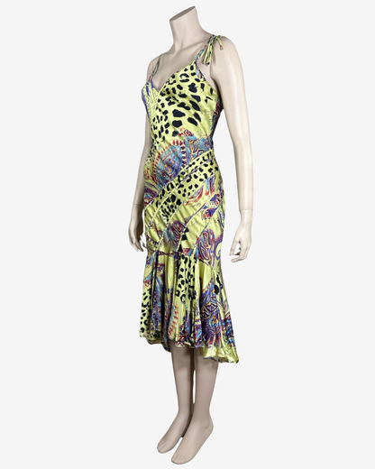Roberto Cavalli Acid Yellow Silk Animal Print Dress