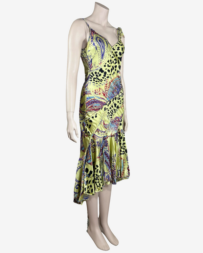 Roberto Cavalli Acid Yellow Silk Animal Print Dress