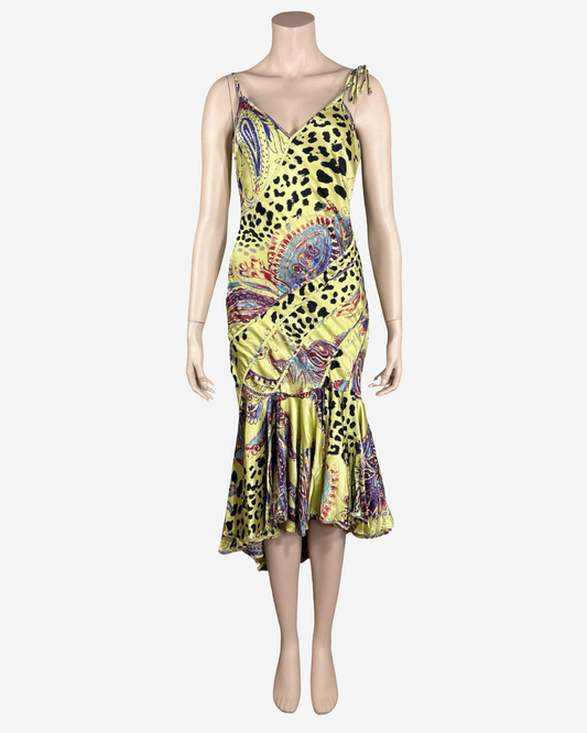 Roberto Cavalli Acid Yellow Silk Animal Print Dress