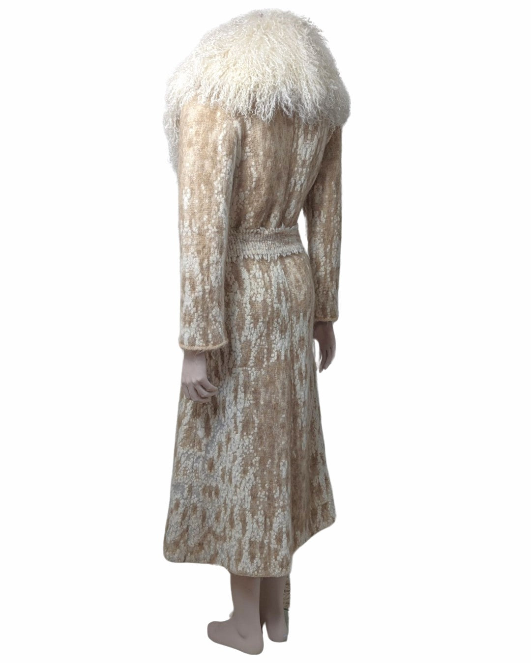 Roberto Cavalli Cream Knit Coat with Mongolian Fur Collar