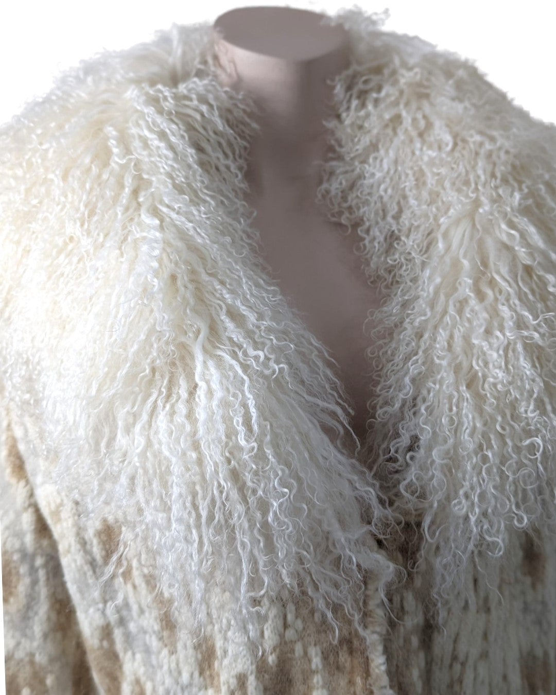 Roberto Cavalli Cream Knit Coat with Mongolian Fur Collar