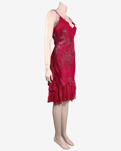 Roberto Cavalli Ruby Red Embellished Silk Slip Dress