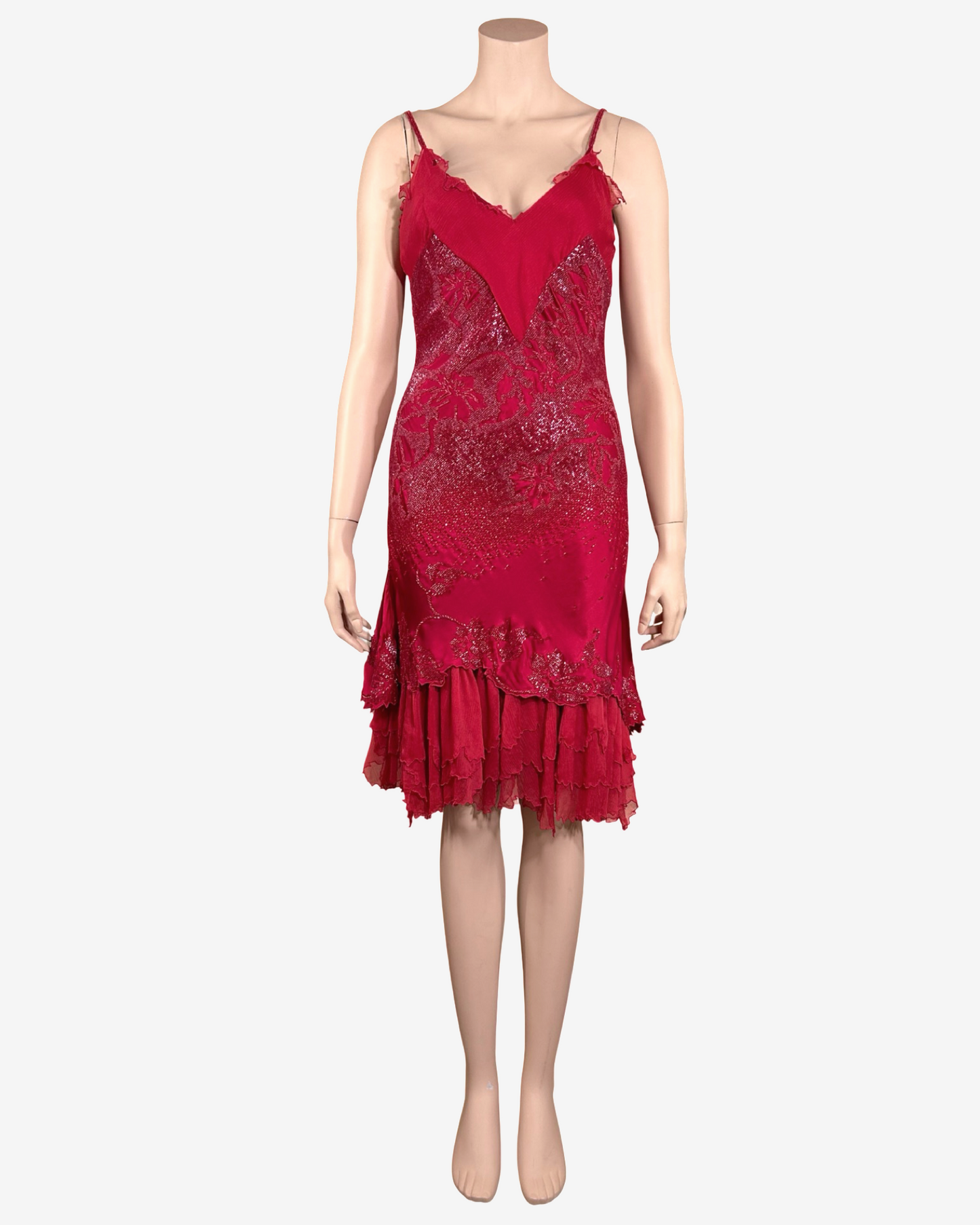 Roberto Cavalli Ruby Red Embellished Silk Slip Dress