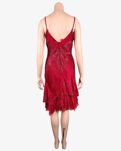 Roberto Cavalli Ruby Red Embellished Silk Slip Dress