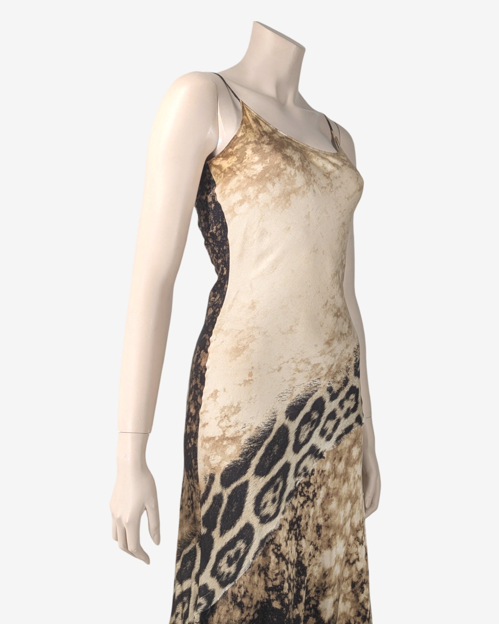 roberto cavalli slip dress Roberto Cavalli Tan Abstract and Leopard Print Slip Dress – SOIR